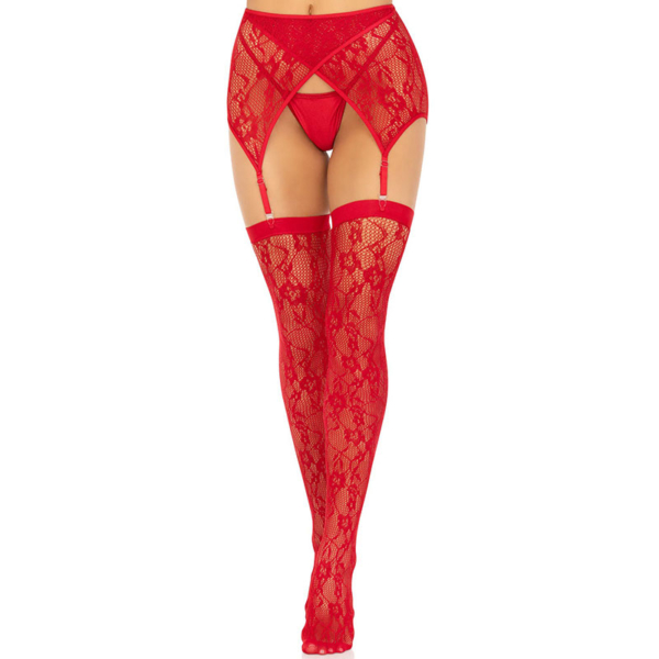 Leg Avenue – Kanten kousen met jarretelgordel rood - Desireshop.nl